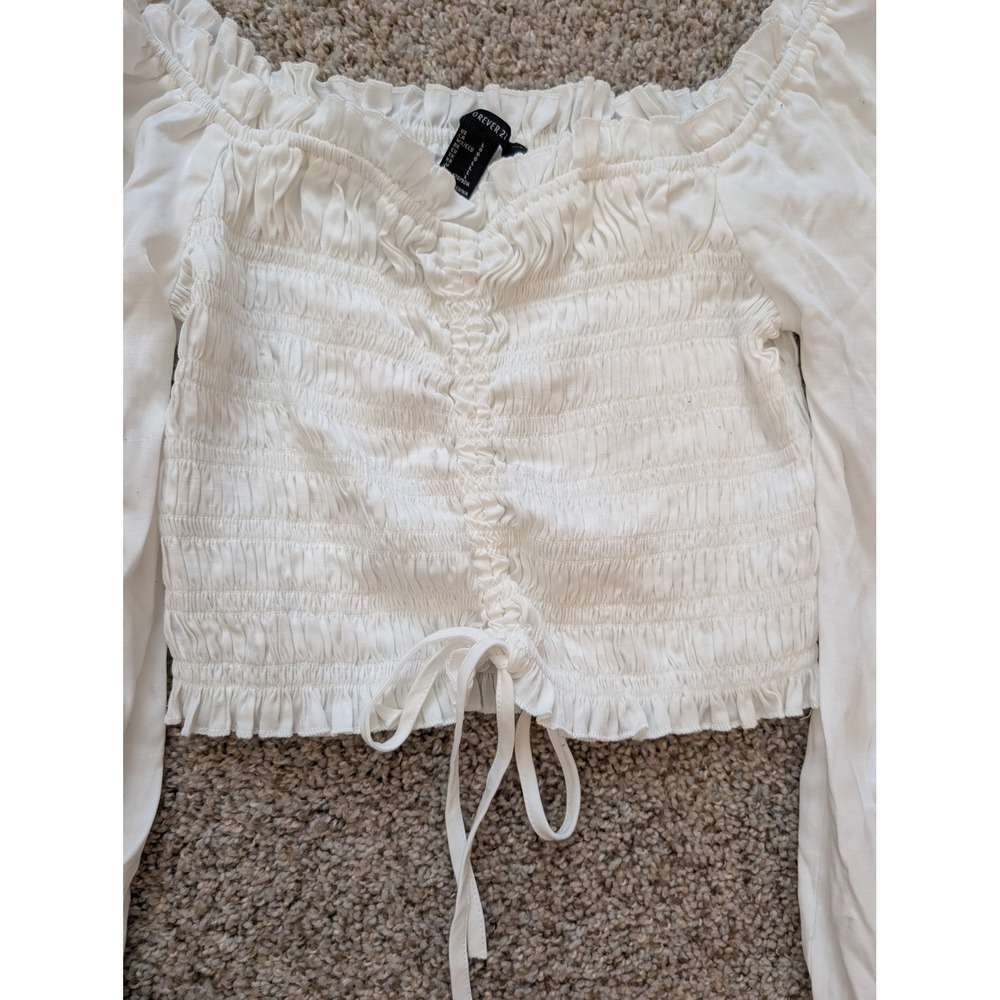 Forever 21 White Smocked Off Shoulder Balloon Sleeve Crop Top Size L - Picture 5 of 5